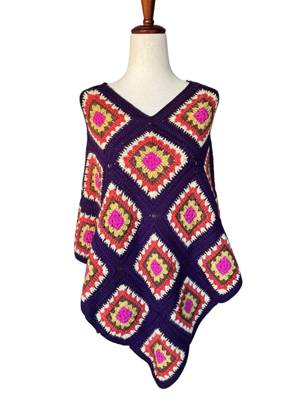 Vintage 60s Handmade Wool Crochet Poncho Cape Granny Square Boho Festival Hippie